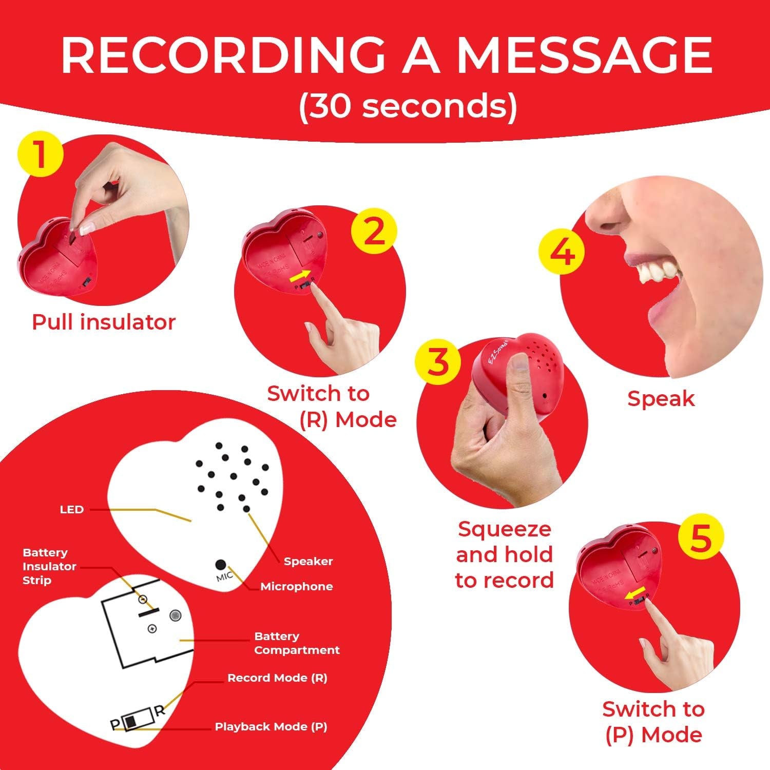 Ezsound Voice Recorder for Stuffed Animal | 2 Pack - 30 Sec Voice Box for Stuffed Animal | Recording Safe Recordable Heart Button | Sound Module Insert for Build a Bear, Kids, Teddy, Toy and Gifts Red